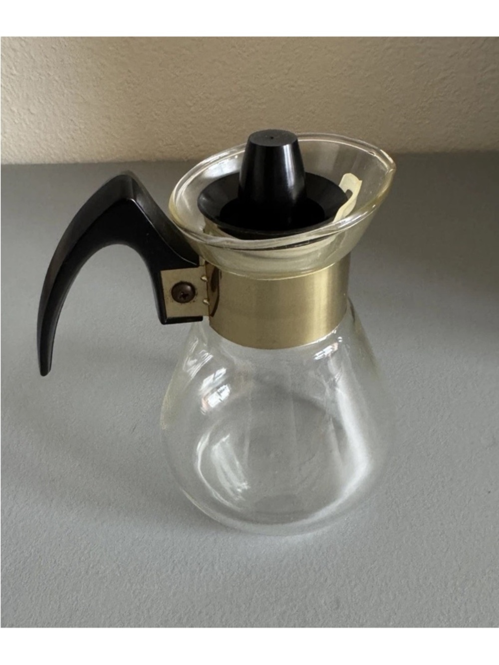 Corningware Glass Coffee Carafe with Gold Collar and Black Handle